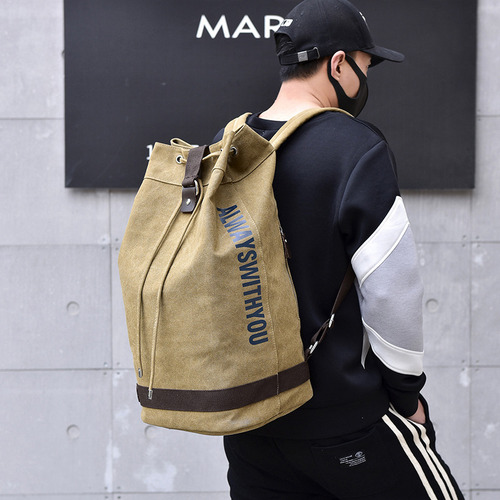 Fashionable canvas sports backpack, barrel bag, travel computer backpack, men's bag, casual travel school bag, unisex