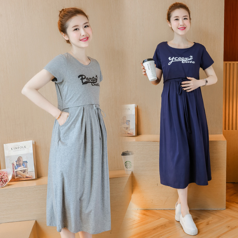 Real Price 2026 Summer New Korean Comfortable Printed Long Nursing Dress for Going Out, Maternity Dress