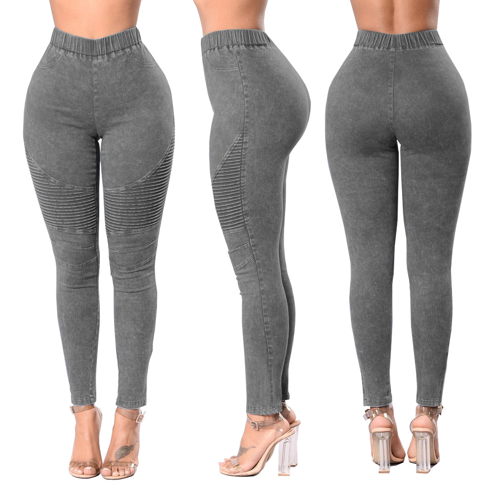 Los pantalones vaqueros de mujer de cintura alta arrugados transfronterizos de Amazon desean pantalones de levantamiento de cadera de ajuste Delgado multicolor