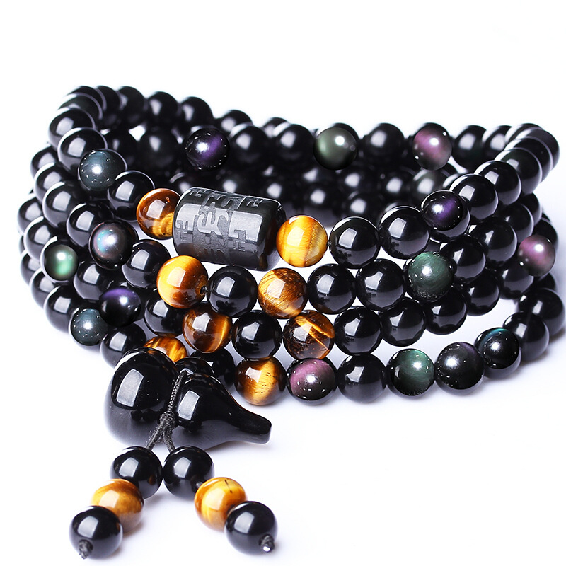 天然彩虹眼黑曜石六字真言桶珠108颗佛珠手链葫芦男女款6-8mm批发