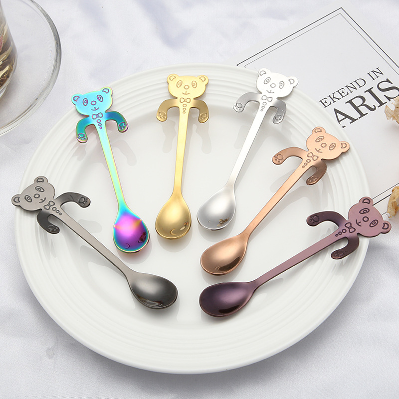304 금도금 스테인레스 스틸 수프 스푼 곰 감동 스푼 만화 팬더 교수형 컵 커피 차 스푼 재고 도매
