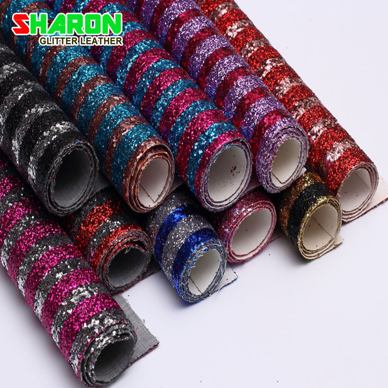 SR16082 沙伦皮革厂家供应格利特亮片大小六角两色条纹印花皮革