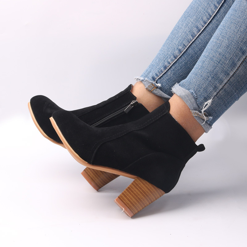 Juti Chaowang Foreign Trade European and American Autumn and Winter New Frosted Side Zipper Thick Heel Short Boots Large Size Women's Shoes Dropshipping