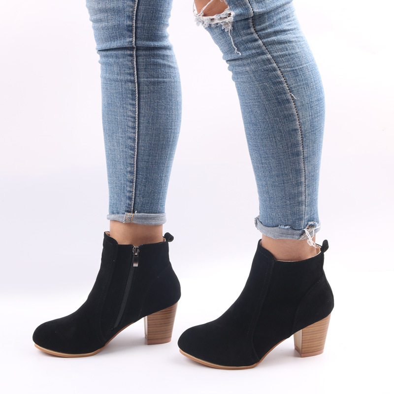 Juti Chaowang Foreign Trade European and American Autumn and Winter New Frosted Side Zipper Thick Heel Short Boots Large Size Women's Shoes Dropshipping