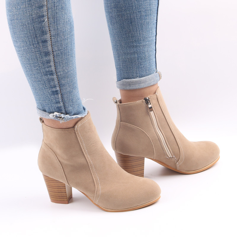 Juti Chaowang Foreign Trade European and American Autumn and Winter New Frosted Side Zipper Thick Heel Short Boots Large Size Women's Shoes Dropshipping
