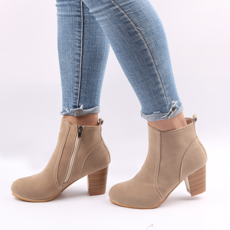 Juti Chaowang Foreign Trade European and American Autumn and Winter New Frosted Side Zipper Thick Heel Short Boots Large Size Women's Shoes Dropshipping