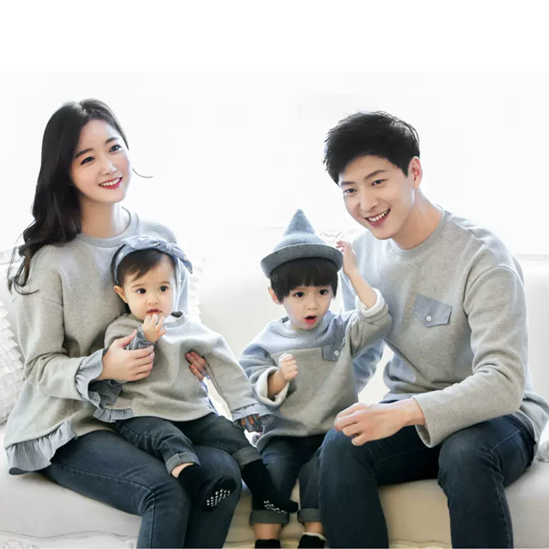 亲子装加绒加厚卫衣秋冬装新款套头韩版撞色母女长袖一家三口外套
