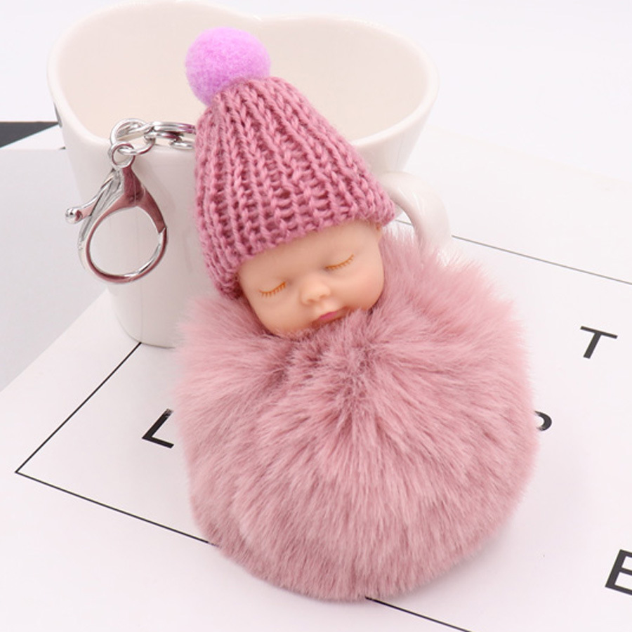 Lindo dormir muñeca Bola de piel llavero de las mujeres de peluche muñeca bolsa colgante de coche regalo al por mayor