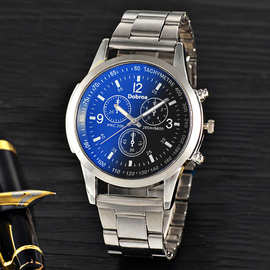 厂家爆款蓝光三眼蓝光男士表 批发时尚礼品表 男钢带手表