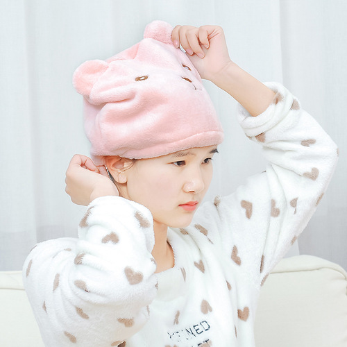 Bear cartoon hair drying cap super absorbent quick-drying hair towel cute coral velvet thickened shower cap drying hair cap wholesale