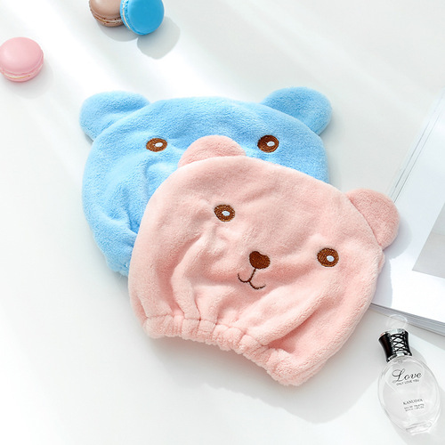 Bear cartoon hair drying cap super absorbent quick-drying hair towel cute coral velvet thickened shower cap drying hair cap wholesale