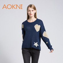 现货欧美女装新款 森系复古套头名媛爱心星星宽松毛衣女 一件代发