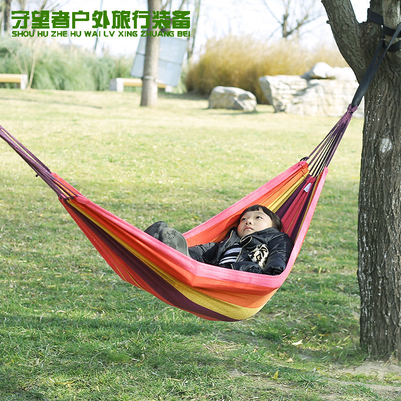 24 Hours Outdoor Canvas Hammock Swing Single and Double Color Strips Outdoor Curved Sticks Polyester-Cotton Hammock Anti-Rollover