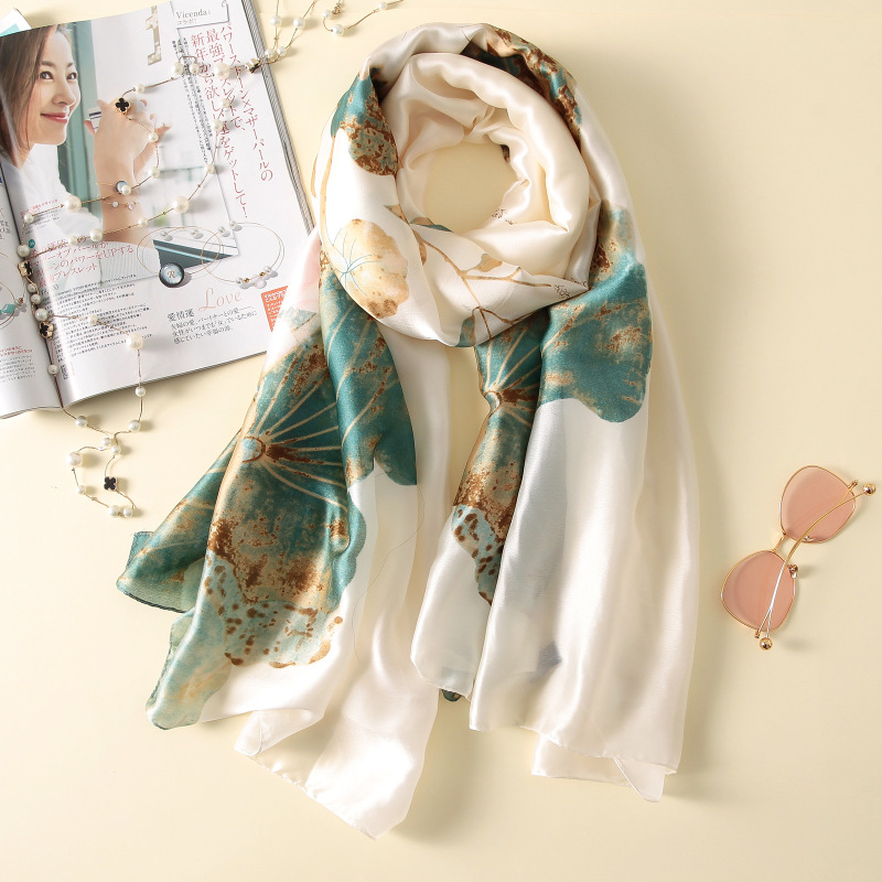 Spring, summer and autumn new Korean style floral plain and elegant high-end imitation silk scarf women's decorative shawl sunscreen beach towel Spring, summer and autumn new Korean style floral plain and elegant high-end imitation silk scarf women's decorative shawl sunscreen beach towel