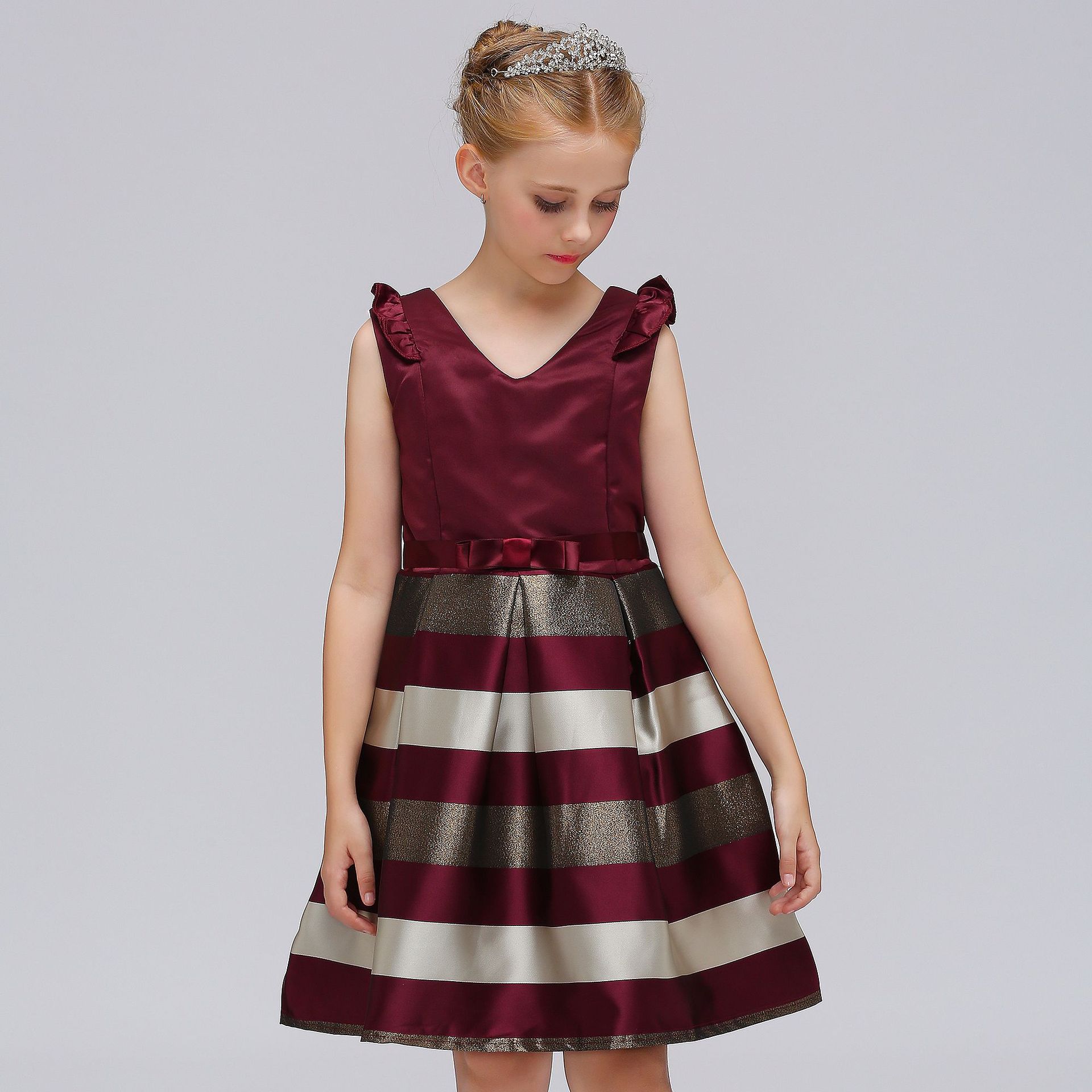 Customized Princess Dress European and American Cross-border Sleeveless Lace dress Striped Red Blue Deep V Children's Dress Customized