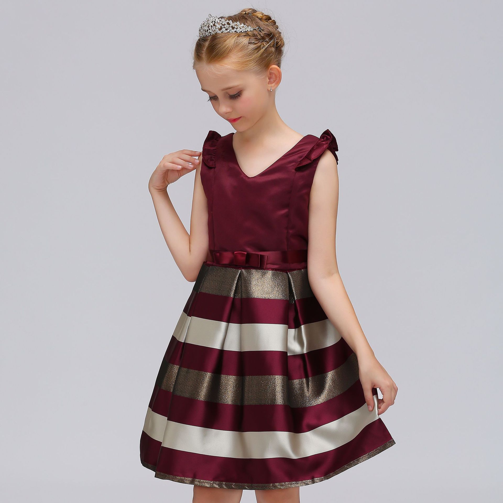 Customized Princess Dress European and American Cross-border Sleeveless Lace dress Striped Red Blue Deep V Children's Dress Customized