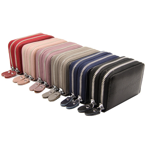 Foreign trade first-layer cowhide double zipper business card bag RFID anti-theft accordion genuine card bag multi-card slot card bag wholesale