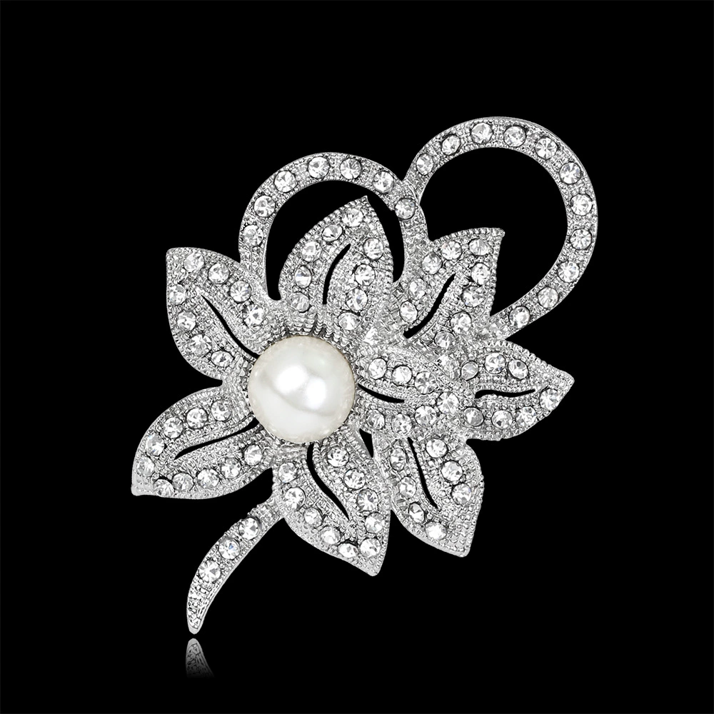 Брошь (Danjun Jewelry) Floral Alloy со стразами, белый электрокоирование, 10,5×7,5 см