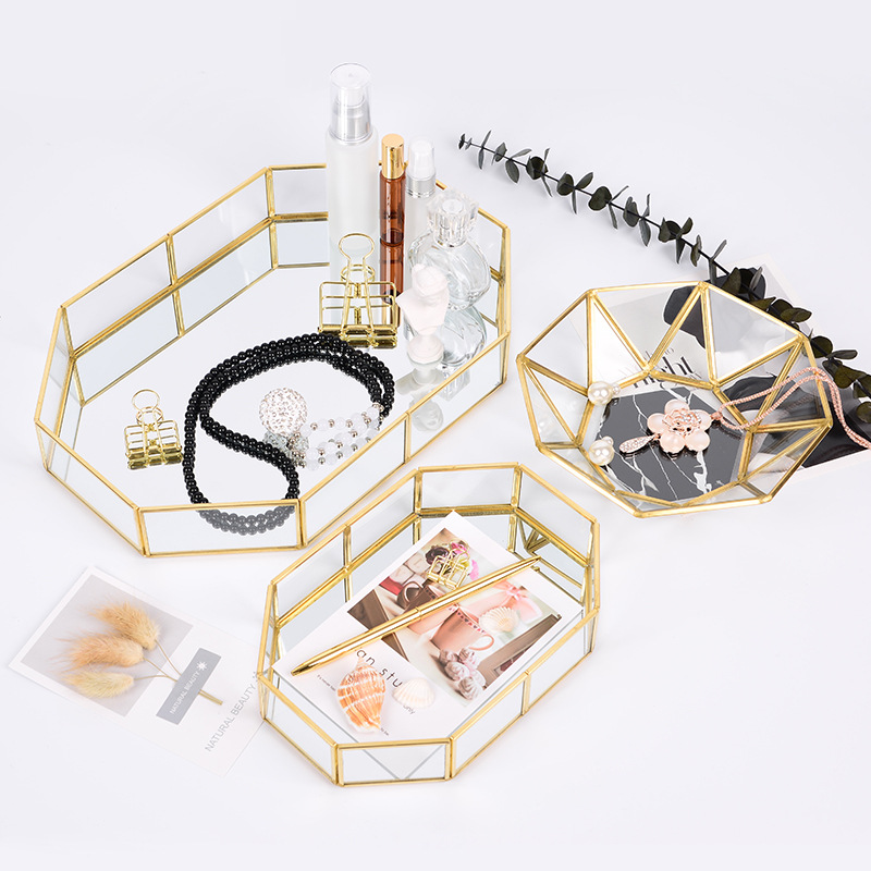 Nordic Wind Glass Storage Tray Brass Household Storage Tray Metal Cosmetic Jewelry Tray Desktop Storage Box