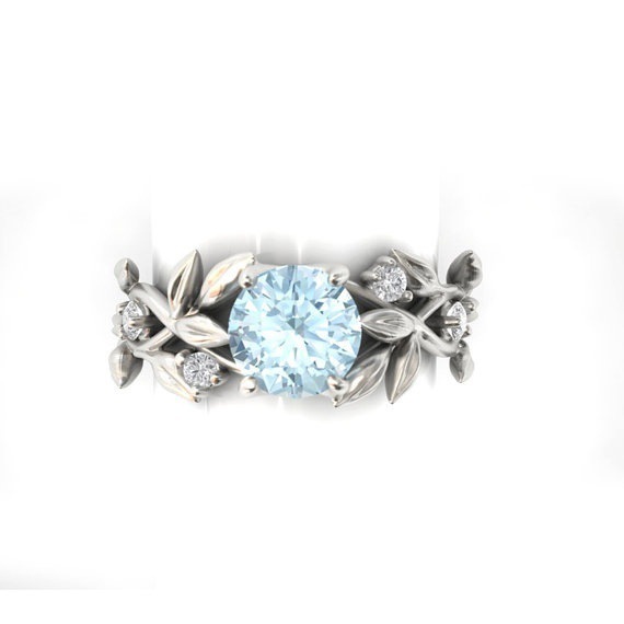 Princess Olive Leaf Engagement Ring Set With Blue Diamonds_voghion.com