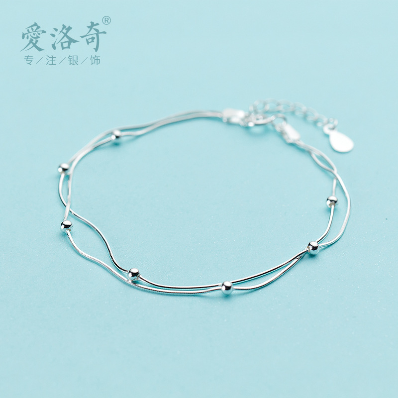 S925 Silver Bracelet Female Korean Style Fashion Simple Double Layer Light Bead Silver Ball Bracelet Snake Bone Chain Bracelet Jewelry S1363