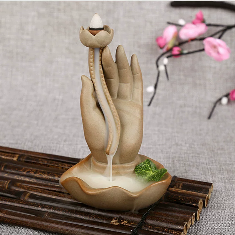 Ceramic Backflow Incense Burner, Lotus Inverted Design, Decorative Buddha Incense Holder