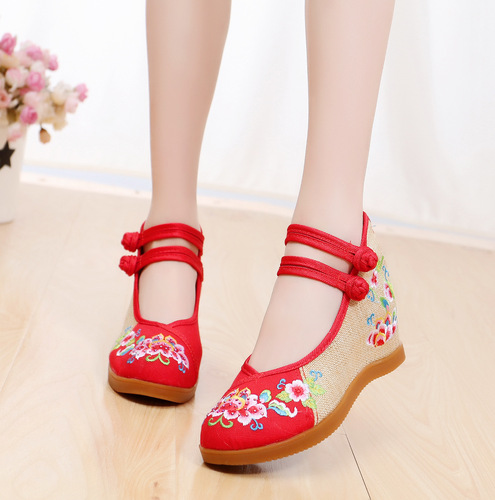 Hibiscus flower, Xinyue Yueqin, Phoenix tail peony, ethnic style double-button canvas inner height increasing women's shoes, bridal high heels