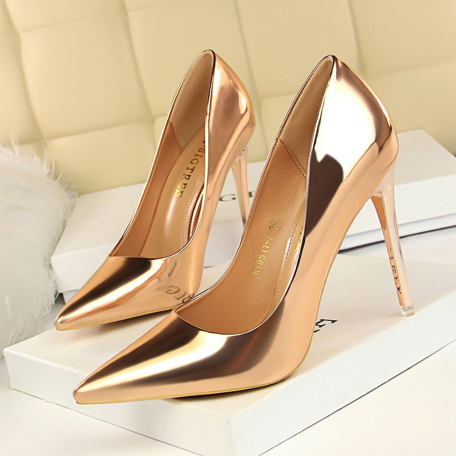 9511-7 European and American Style Fashionable Metal Heel High Heels Women's Shoes High Heels Shallow Mouth Pointed Toe Sexy Nightclub Slim Shoes