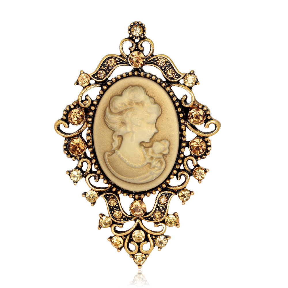 Foreign trade European and American jewelry brooch retro beauty head leaves crystal brooch diamond accessories pin wholesale