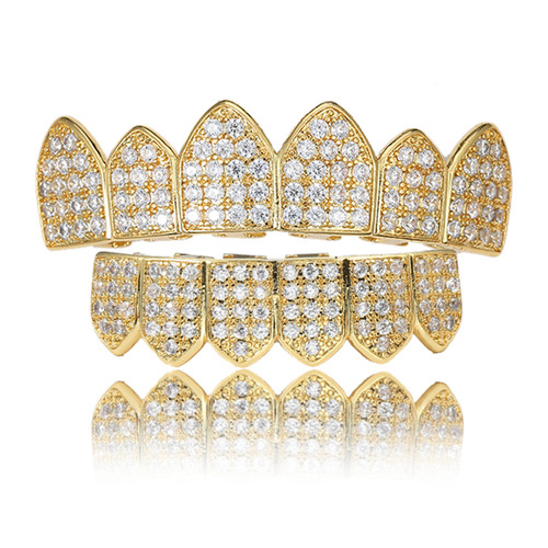 Euro-American micro-set zirconium gold tooth cap sharp teeth Halloween costume hip-hop tooth cap accessory gold tooth cap hip-hop accessory
