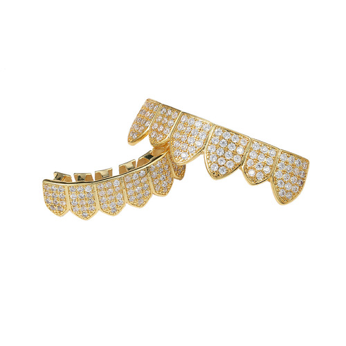 Euro-American micro-set zirconium gold tooth cap sharp teeth Halloween costume hip-hop tooth cap accessory gold tooth cap hip-hop accessory