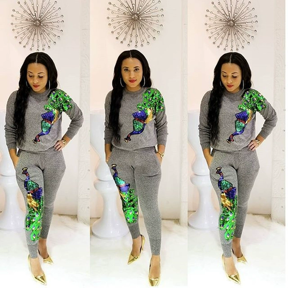 B9056 Женский осенне-зимний модный комплект из двух предметов с пайетками и павлином (брюки с карманами)