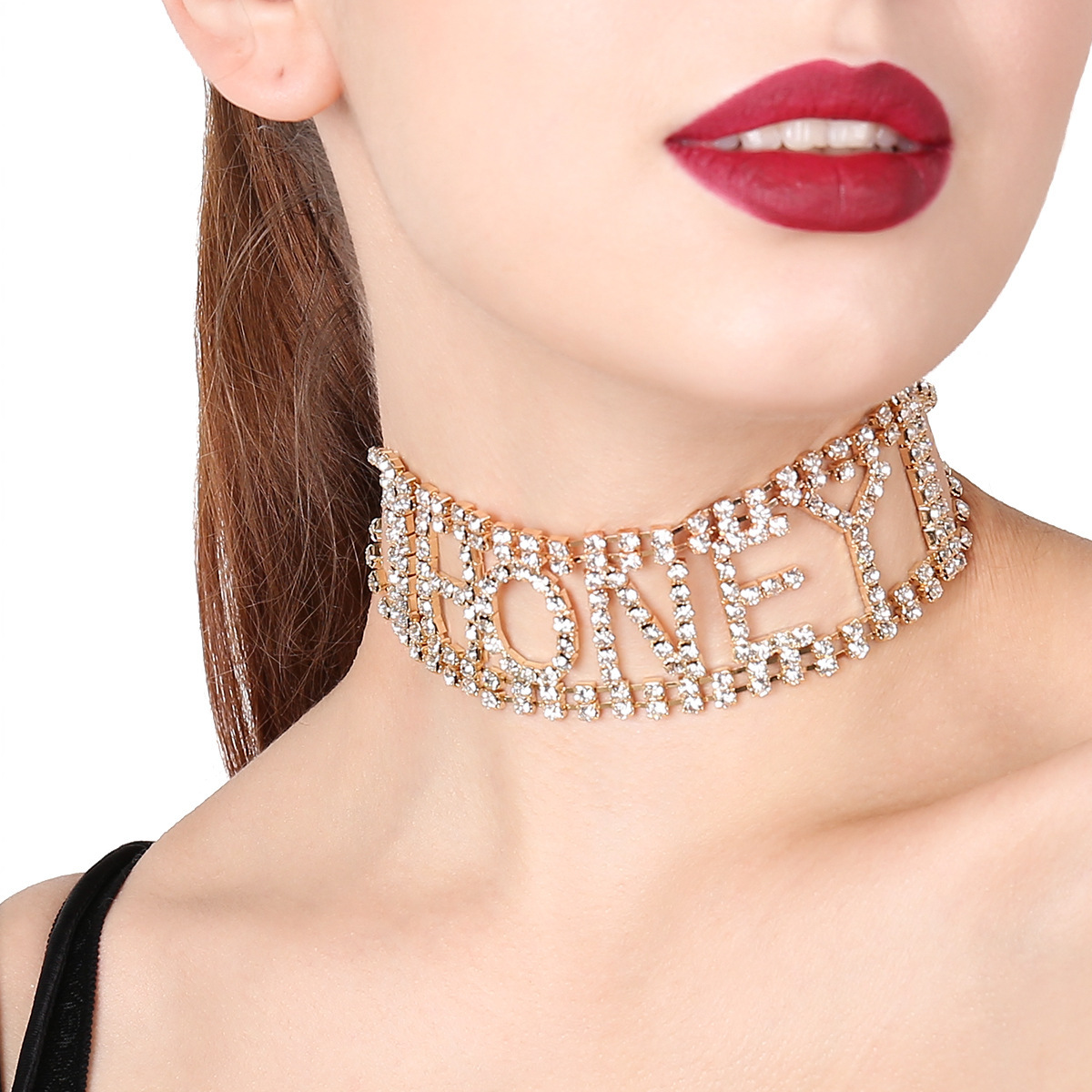 A12025 europeo y americano transfronterizo joyería punk exagerada Super flash discoteca collar con diamantes de imitación collar de la letra
