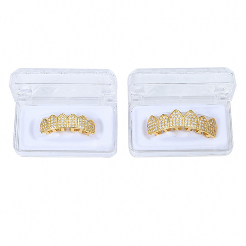 Euro-American micro-set zirconium gold tooth cap sharp teeth Halloween costume hip-hop tooth cap accessory gold tooth cap hip-hop accessory