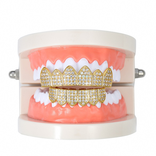 Euro-American micro-set zirconium gold tooth cap sharp teeth Halloween costume hip-hop tooth cap accessory gold tooth cap hip-hop accessory