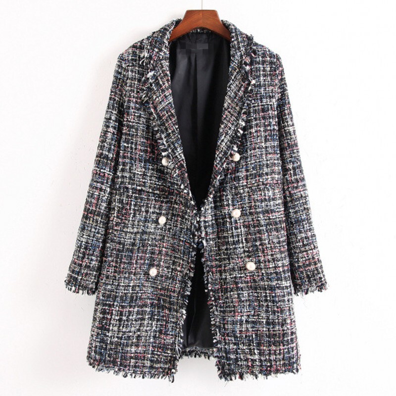 European and American Style Spring Autumn Mid-length Tweed Pearl Buckle Tassel Celebrity Plaid Large Size Women's Coat