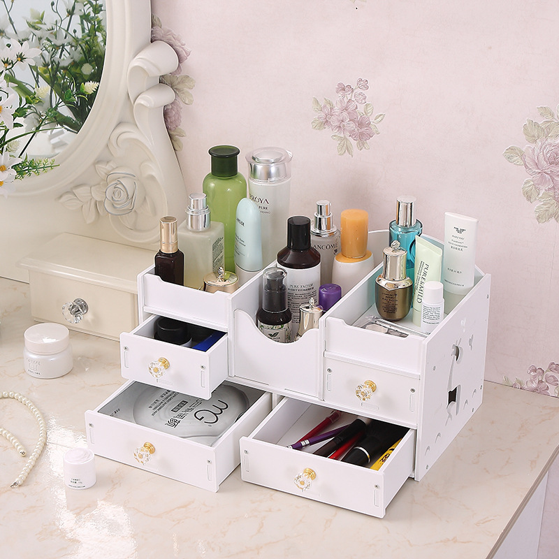 Escritorio creativo cosméticos caja de almacenamiento cajón gabinete joyería organización caja durable pvc madera tablero de plástico sin tapa caja de almacenamiento