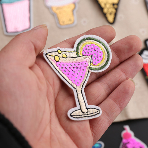 Embroidered patches with sequins, beads, and fabric for clothing decoration, tea milk ice cream, and patchwork clothing trim