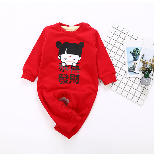 In-stock baby New Year clothes: autumn/winter fleece-lined bright red first-month celebration outfits, Tang-style festive one-piece rompers for the Lunar New Year.