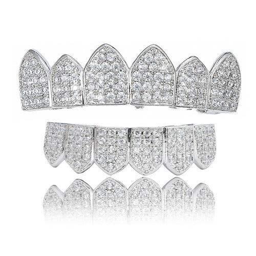 Euro-American micro-set zirconium gold tooth cap sharp teeth Halloween costume hip-hop tooth cap accessory gold tooth cap hip-hop accessory