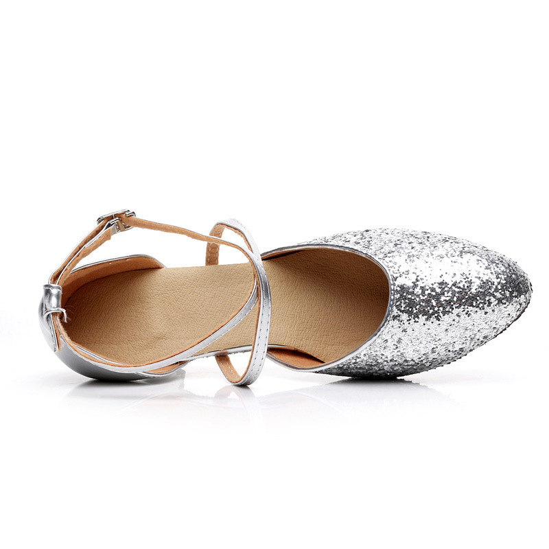 Zapatos de baile modernos de Punta cerrada con lentejuelas para adultos de mujer zapatos de baile de fondo suave de tacón medio zapatos de baile cuadrados de mujer zapatos de baile de mujer