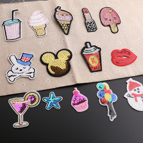 Embroidered patches with sequins, beads, and fabric for clothing decoration, tea milk ice cream, and patchwork clothing trim