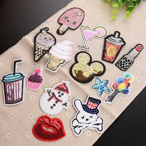 Embroidered patches with sequins, beads, and fabric for clothing decoration, tea milk ice cream, and patchwork clothing trim