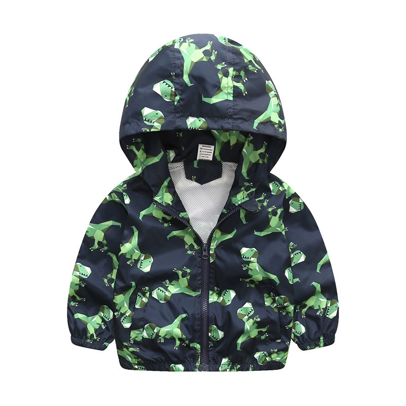 Children's Hooded Jacket Dinosaur Print, European Style, Zippered Windbreaker, Sizes 90–130