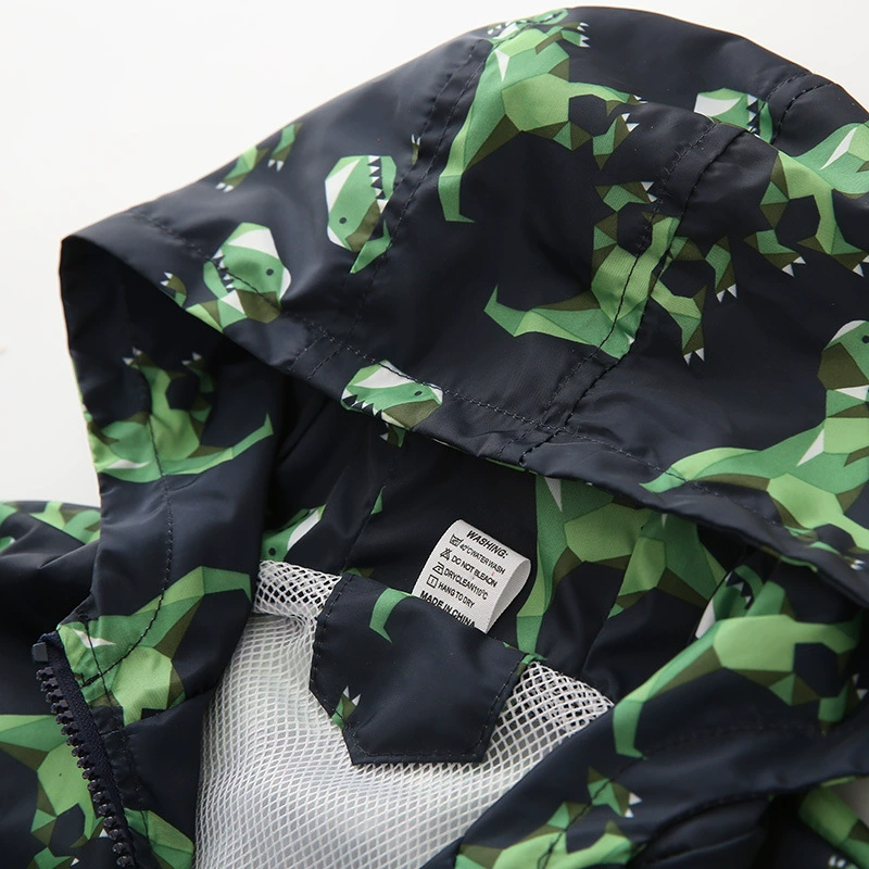 Children's Hooded Jacket Dinosaur Print, European Style, Zippered Windbreaker, Sizes 90–130