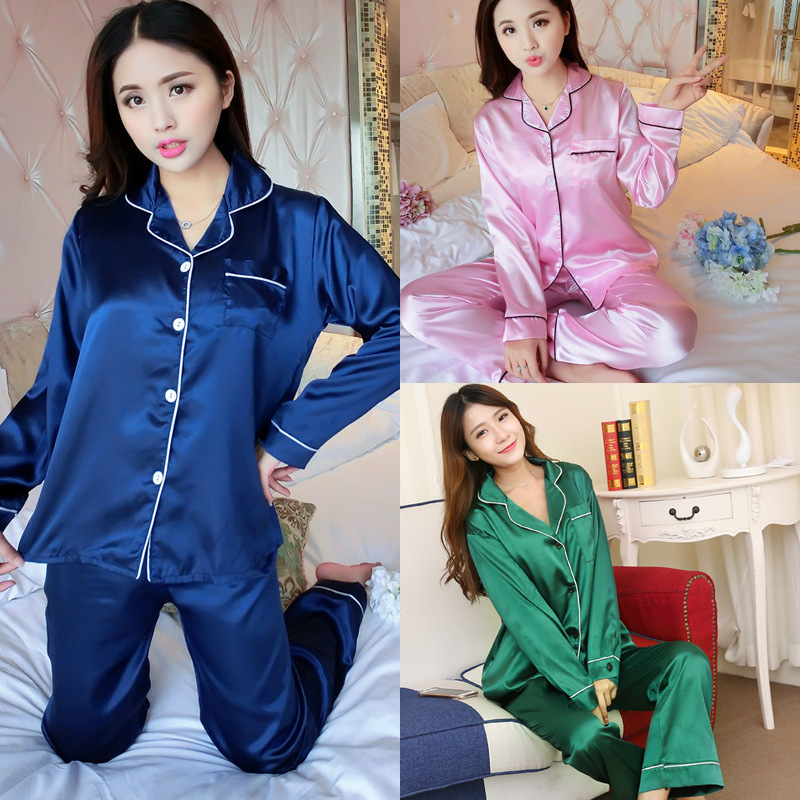 Cross-border source pajamas silk pajamas suit silk-like long-sleeved home clothes for women spring and autumn