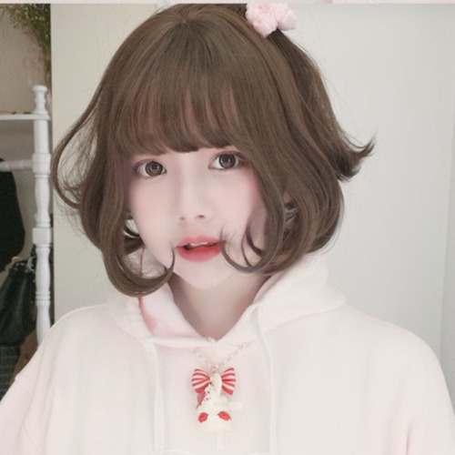 jk wig for women, short bobo head cover hairstyle, inwards, pear-shaped curls, fluffy, face-shaping short wig, straight hair wig set
