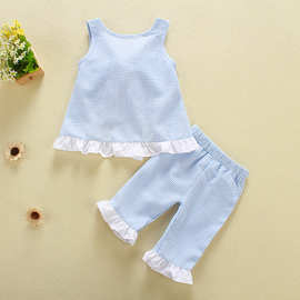 断码清仓夏装欧美热销衣服女童套装蝴蝶结短袖背心+一件代发2