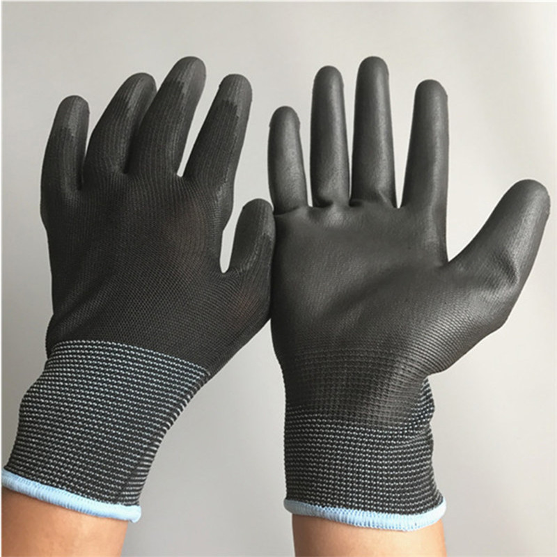 13针涤纶尼龙掌浸黑白PU浸胶手套批发出口手套劳保用品
