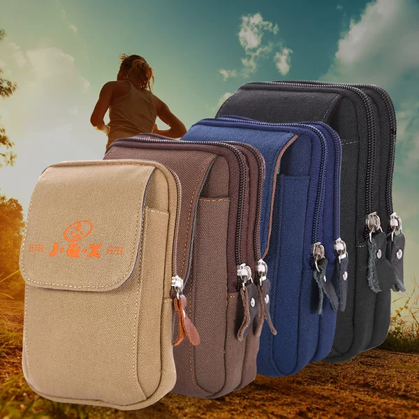 Factory Direct men's washed canvas vertical 3-layer waist bag multi-functional belt change mobile phone waist bag in stock